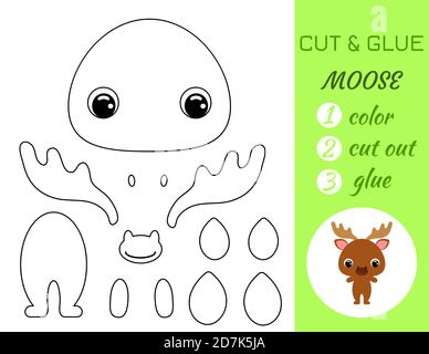 Malbuch schneiden und kleben Baby Elch. Pädagogische Papier Spiel für Vorschulkinder. Arbeitsblatt ausschneiden und einfügen. Farbe, Schnittteile und Kleber auf Papier.Warenkorb Stock Vektor