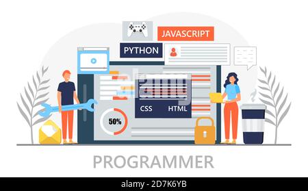 Web-Entwickler Konzept Vektor für Landing Page. Programmierer baut Website und schreibt Code. Software-Ingenieur, der in der digitalen oder KI-Technologie arbeitet. S Stock Vektor