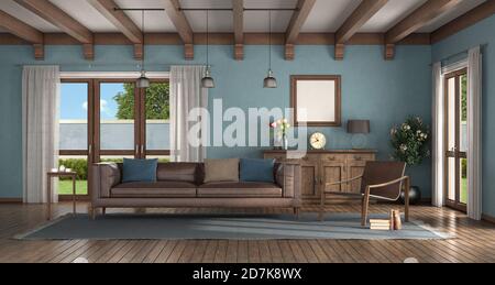 Wohnzimmer im klassischen Stil mit modernem Sessel, Ledersofa und altem Sideboard im Hintergrund - 3d-Rendering Stockfoto