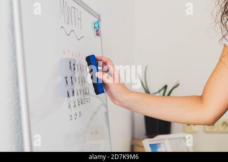 Hand Frau Radieren auf einem weißen Brett Planung der Aufgaben Stockfoto