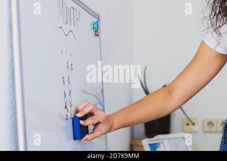 Hand Frau Radieren auf einem weißen Brett Planung der Aufgaben Stockfoto