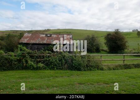 Ein Blechschuppen am Rande von Castle Cary, Somerset mit Lodge Hill im Hintergrund. Stockfoto