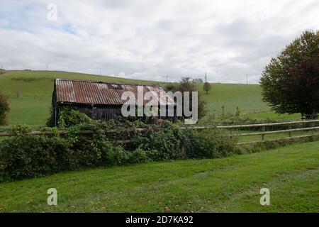 Ein Blechschuppen am Rande von Castle Cary, Somerset mit Lodge Hill im Hintergrund. Stockfoto