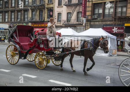 Pferde- und Buggyfahrten sind zurück im Central Park während der Coronavirus-Pandemie in New York City. Buggy-Fahrer auf der 8th Avenue in Richtung Central Park. Stockfoto