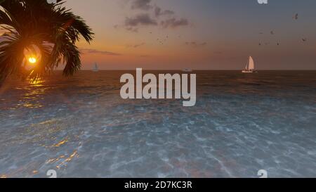 3D Darstellung des Sonnenuntergangs am Paradiesstrand mit Vögeln und Segelbooten im Hintergrund und Kokosnussbaum im Vordergrund, Kopierraum für Text. Stockfoto