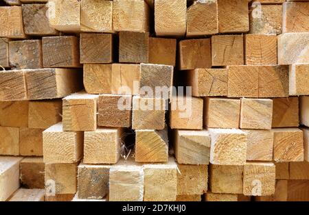 Schnittholz im Sägewerk, Enden von Holzblöcken für Textur Hintergrund. Gesägte und verarbeitete Holz im Lager, Holzstapel im Werkshof. Stapel aus Holz b Stockfoto