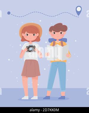 Personen reisen, Mann und Frau Karikatur mit Kartenposition und Kamera Vektor Illustration Stock Vektor