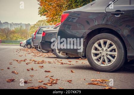 Hintere Stoßstangen von Autos auf dem Parkplatz mit herbstlichen Blättern. Foto von der Seite. Parkplatz Stockfoto