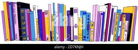 Stapel von Büchern auf Bücherregalen bunte Illustration handgezeichnete Skizze Isolieren Sie Doodle-Stil auf weißem Hintergrund Stockfoto