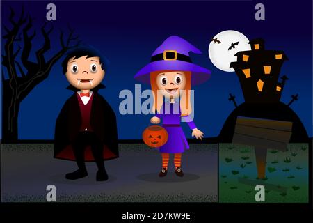 Halloweeen - Kinder mit Kostümen in der Straße stehen Stock Vektor