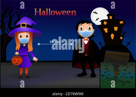 Kinder mit halloween-Kostüme tragen Gesichtsmaske, halten soziale Distanz Stock Vektor