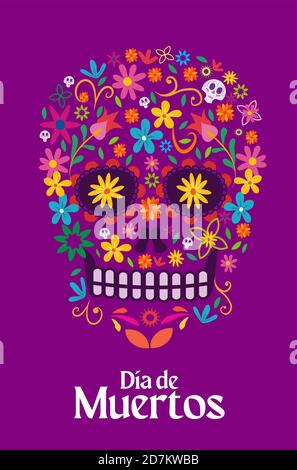 Tag der Totenfeier - Totenkopf mit Blumen, Text auf Spanisch: Tag der Toten Stock Vektor