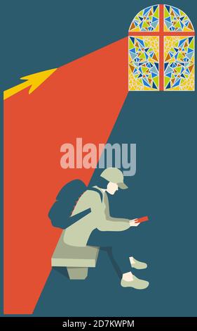 Weg zur Kirche. Der Camino de Santiago. Frau, die die Route im Telefon sucht Stock Vektor