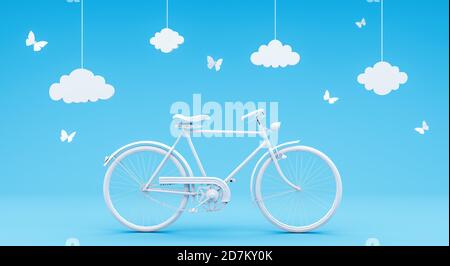 Weißes Fahrrad auf blauem Hintergrund. Travel Concept 3D Rendering 3D-Illustration Stockfoto