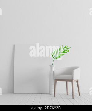 Plakat an weißer Wand. Weiß Wohnzimmer Innenarchitektur mit dekorativer Pflanze in Vase 3d Rendern 3d-Illustration Stockfoto
