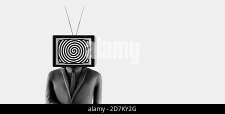 Geschäftsmann mit einem alten fernseher statt Kopf. Sucht nach Massenmedien. Manipulation des Fernsehens und Kontrolle der Menschenmenge. 3d-Rendern 3d-Illustration Stockfoto