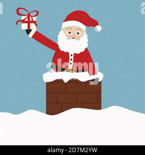 Niedlicher Weihnachtsmann im Kamin auf dem Dach und mit einem Geschenk in der Hand. Weihnachts- und Neujahrskonzept. Platz für Text oder Design kopieren Stock Vektor
