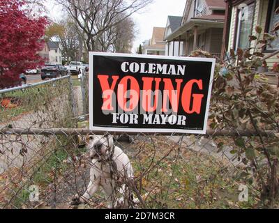 Coleman Young II für Bürgermeister Zeichen mit einem Hund in Südwestlich von Detroit Stockfoto