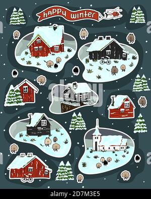 Set von verschneiten skandinavischen Holzhäusern mit Gras auf dem Dach, weihnachtsbäume und Schafe, Happy Winter Text mit Hubschrauber Stock Vektor