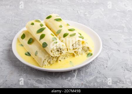 Cannelloni-Pasta mit Eiersauce, Frischkäse und Oregano-Blättern auf grauem Betongrund. Seitenansicht, Nahaufnahme. Stockfoto