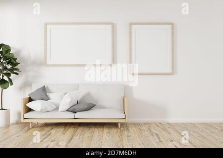 Quadratischer Holzrahmen mit Sofa und grünen Pflanzen an der weißen Wand im Wohnzimmer. 3D-Illustration. Stockfoto