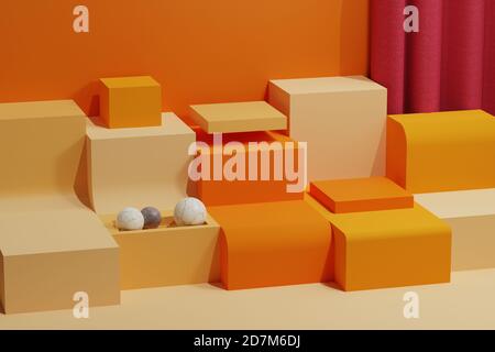 Minimalistischer abstrakter Hintergrund, primitive geometrische Figuren, Pastellfarben, 3D-Illustration, Podium für die beworbenen Waren Stockfoto