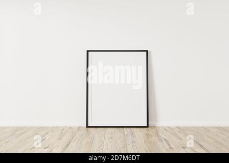 Vertikales Modell mit schwarzem Rahmen. Minimaler schwarzer Rahmen auf Betonboden. Moderne Loft-Modell 3D-Illustrationen. Stockfoto