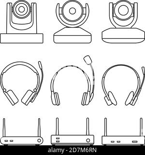 Ausrüstung für Konferenzsysteme und Fernarbeiten. Vektor dünne Linie Stock Vektor