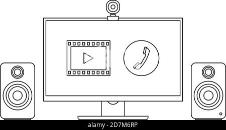 Videokonferenzgeräte. Flache Symbole. Vektor mit dünnen Linien Stock Vektor