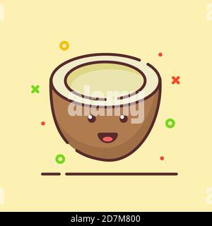 Kokosnuss niedlichen Maskottchen Gesicht Emotion glückliche Frucht mit Farbe flach Cartoon-Umrissstil Stock Vektor
