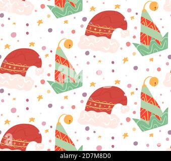 Nahtloses Flachmuster mit Elf- und weihnachtsmann-Hüten auf weißem Hintergrund mit Konfetti und Sternen. Weihnachten Urlaub Hintergrund. Vektor Weihnachten Textur Stock Vektor