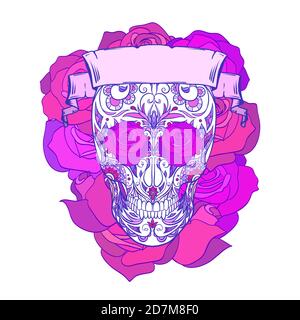 Neon festliche Zucker Totenkopf Illustration mit Doodle-Muster, Rosen und Band. Der Tag der Toten. Los Muertos. Das Objekt ist vom backgr getrennt Stock Vektor
