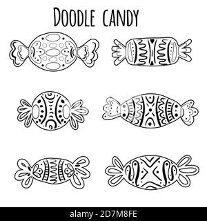 Set von Konturzeichnung von Süßigkeiten mit Mustern. Lineare Doodle-Illustration. Halloween-Urlaub-Leckerbissen. Vektor-Objekt für Rezepte, Karten, Artikel und yo Stock Vektor