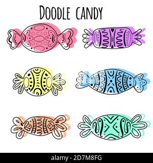 Konturzeichnung von Süßigkeiten mit Mustern und mehrfarbigen Punkten. Lineare Doodle-Illustration. Halloween-Urlaub-Leckerbissen. Vektorobjekt für Rezepte, c Stock Vektor