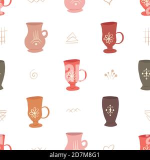 Nahtlose flache Textur mit Tassen, Tassen und mystischen Zeichnung. Vektor-Doodle-Muster für Tapeten, Hintergründe, Rezepte und Ihre Kreativität. Stock Vektor