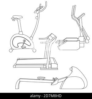 Satz von Linie Kunst Illustration Sport Simulatoren. Konturausrüstung. Gesunder Lebensstil. Vektorelemente für Infografiken, Icons, Logos und Ihr Design. Stock Vektor