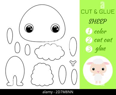 Malbuch schneiden und kleben Baby Schafe. Pädagogische Papier Spiel für Vorschulkinder. Arbeitsblatt ausschneiden und einfügen. Farbe, Schnittteile und Kleber auf Papier.Warenkorb Stock Vektor