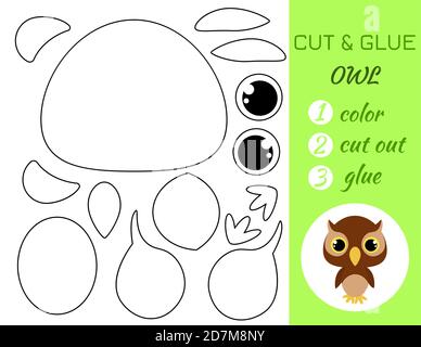 Malbuch geschnitten und kleben Baby Eule. Pädagogische Papier Spiel für Vorschulkinder. Arbeitsblatt ausschneiden und einfügen. Farbe, Schnittteile und Kleber auf Papier.Carto Stock Vektor