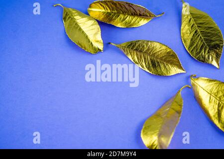 Trockene Blätter in Gold auf blauem Hintergrund gemalt. Flaches Layout mit Platz für Text. Hochwertige Fotos Stockfoto
