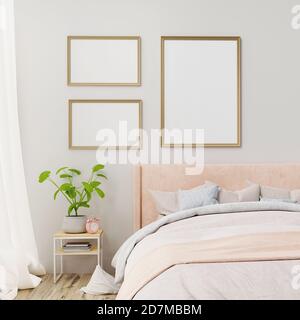 Innenpostermock mit Rahmen an der Wand in Wohnschlafzimmer Interieur. 3D-Rendering. Stockfoto