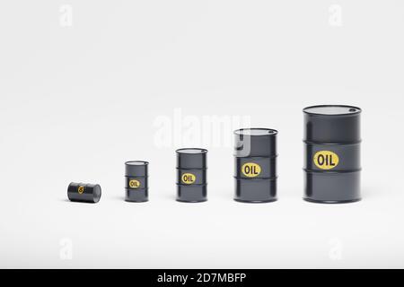 Die Größe der Ölfässer nimmt zu. Leiter aus schwarzen Fässern. Konzept erhöhen US-Ölpreise.3d-Illustration Stockfoto