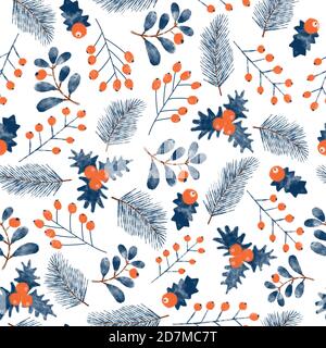 Weihnachten Mistletos nahtlose Aquarell-Muster. Blau und rot Weihnachten Blumen wiederholen Hansd gezeichnet Hintergrund mit Zweigen und Beeren Stockfoto