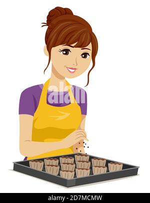 Illustration eines Teenage Girl trägt Schürze, Backen und Herstellung von Cupcakes Stockfoto