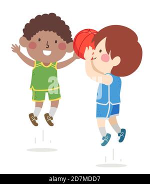 Illustration von Kids Boys spielen Basketball mit einem Jungen schießen Der Ball Stockfoto