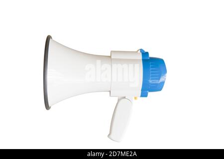 Blaues und weißes Megaphon isoliert auf weißem Hintergrund. Stockfoto