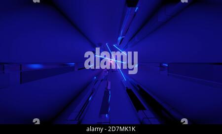 Futuristischer Sci-Fi-Tunnel-Korridor mit leuchtendem mehrfarbigem Neon Lichter - ein cooles Science Fiction 3d Illustration Hintergrund Tapete Bildmaterial Stockfoto