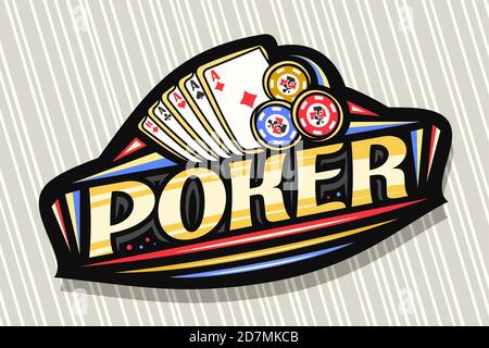 Vektor-Logo für Poker Gamble, dunkel modernes Abzeichen mit Darstellung von Spielkarten und Chips, einzigartige Beschriftung für Orange Wort Poker, Glücksspiel signboa Stock Vektor