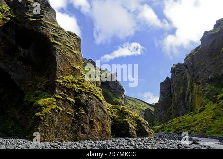 Thórsmörk ist ein Bergrücken in Island, der nach dem nordischen gott Thor (Þór) benannt wurde. Es liegt im Süden Islands zwischen den Gletschern. Stockfoto