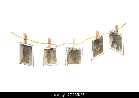 Eine Illustration verschiedener Aquarellbilder, die an einem Seil gehängt sind Mit Clippern Stockfoto