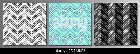 Vektor-Set von nahtlose Muster, 3 quadratische Wiederholung Hintergründe der dunklen Vielfalt Farben, schwarz und weiß verzierten Zickzack nahtlose Muster, hellgrün orn Stock Vektor